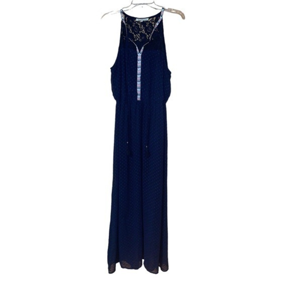 Daniel Rainn Sleeveless Maxi Dress Swiss Dot Boho Split  V- Neck‎ Large Navy
